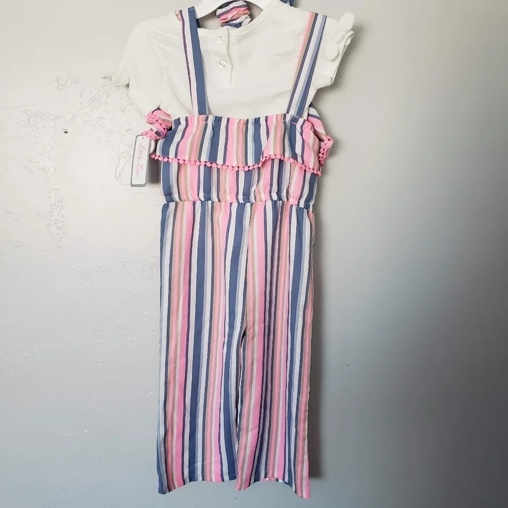 Little Lass NWT Three Piece Outfit Set 5 Jumpsuit Pink Blue White Striped Ruffle - Picture 5 of 8